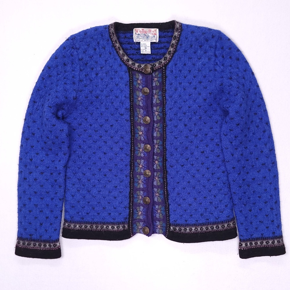 Tally Ho Cardigan Blue Wool Knit Floral Trim Button Front Women's Size‎ M